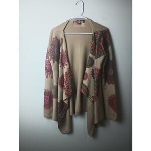 Desigual Open Front Waterfall Knit Cardigan Sweater Floral Print Tan Womens XL